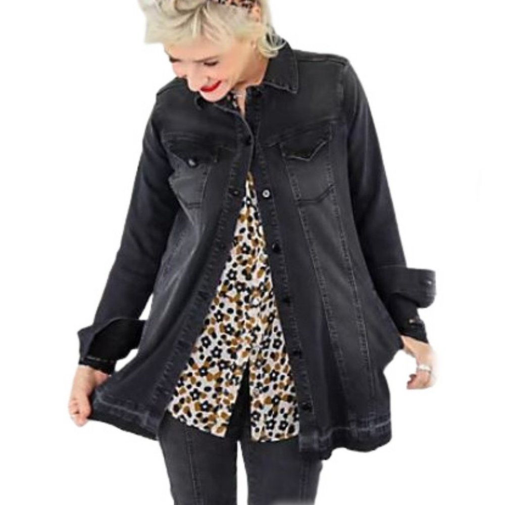 LOGO Button Front Denim Jacket w/ Released Hem - Picture 3 of 3